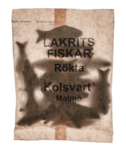 Kolsvart salta Lakritsfiskar RÖKT 120 g